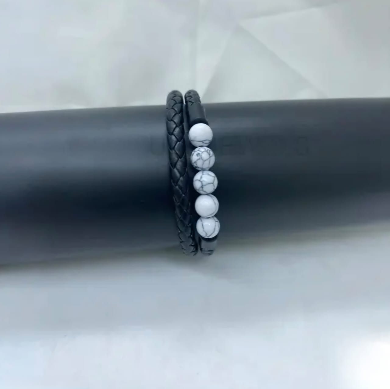 Black Braided Leather Bracelet with White Marble Beads