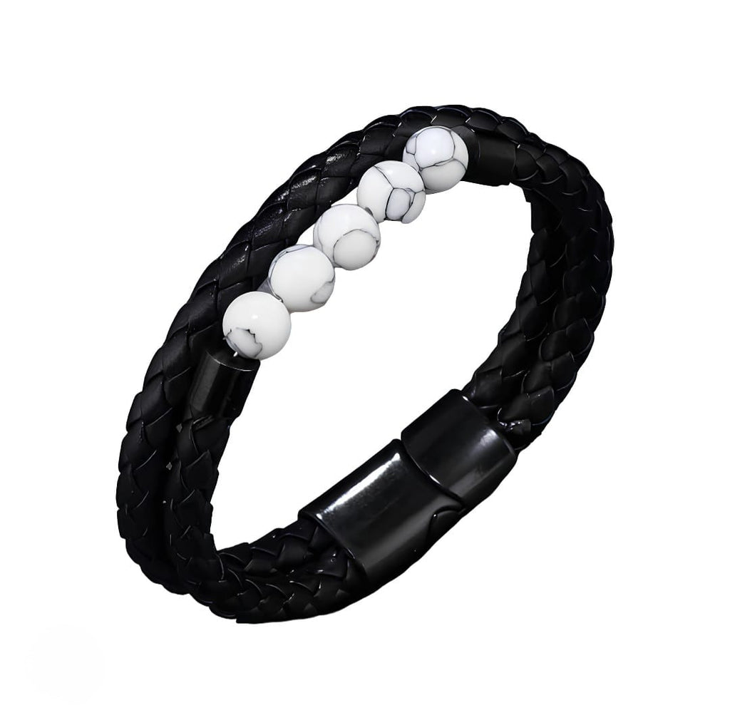 Black Braided Leather Bracelet with White Marble Beads