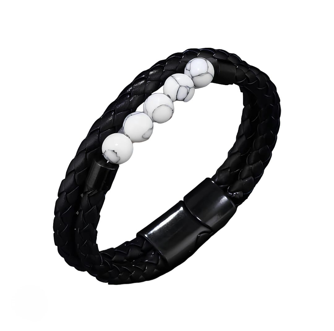 Black Braided Leather Bracelet with White Marble Beads