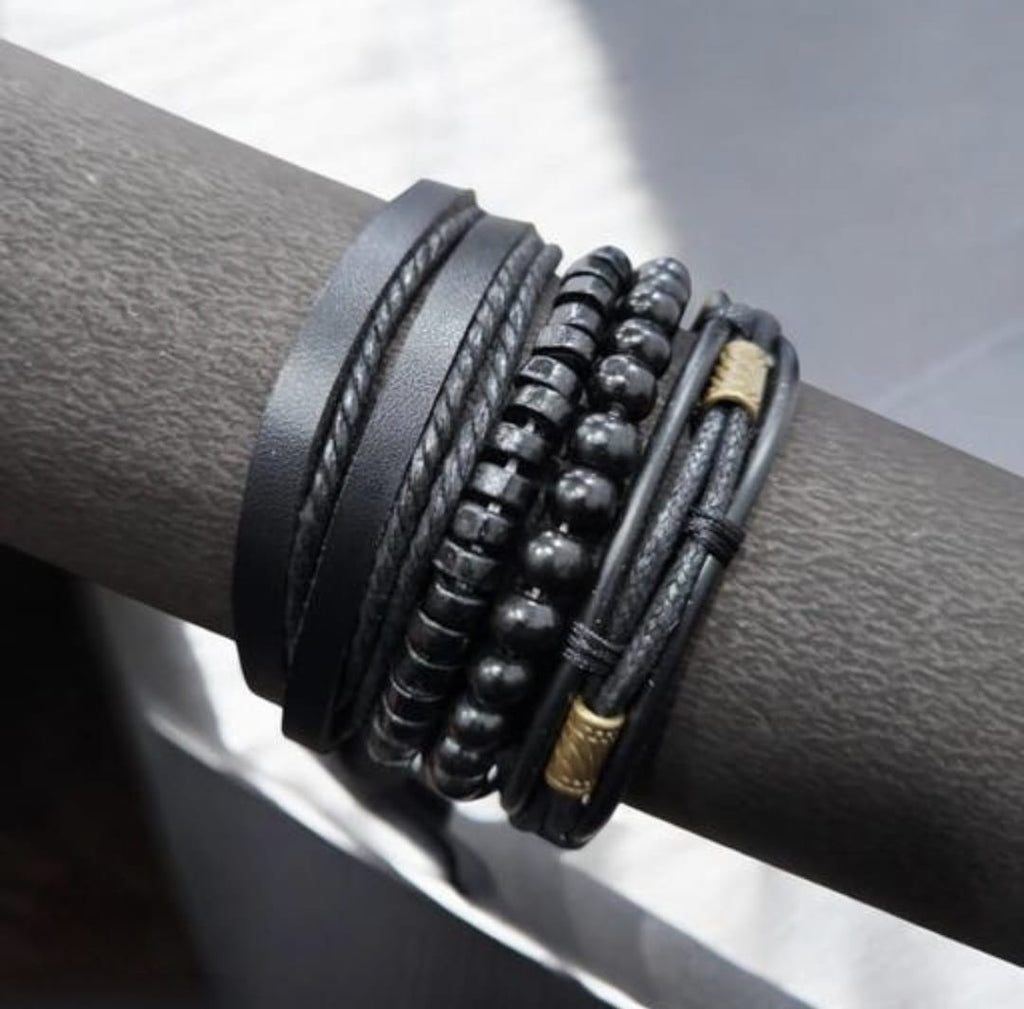 Black Leather & Bead Layered Bracelet Set for Men – Vintage Boho Style