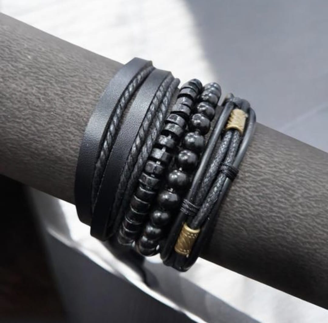 Black Leather & Bead Layered Bracelet Set for Men – Vintage Boho Style