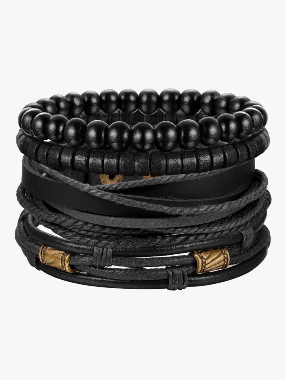 Black Leather & Bead Layered Bracelet Set for Men – Vintage Boho Style