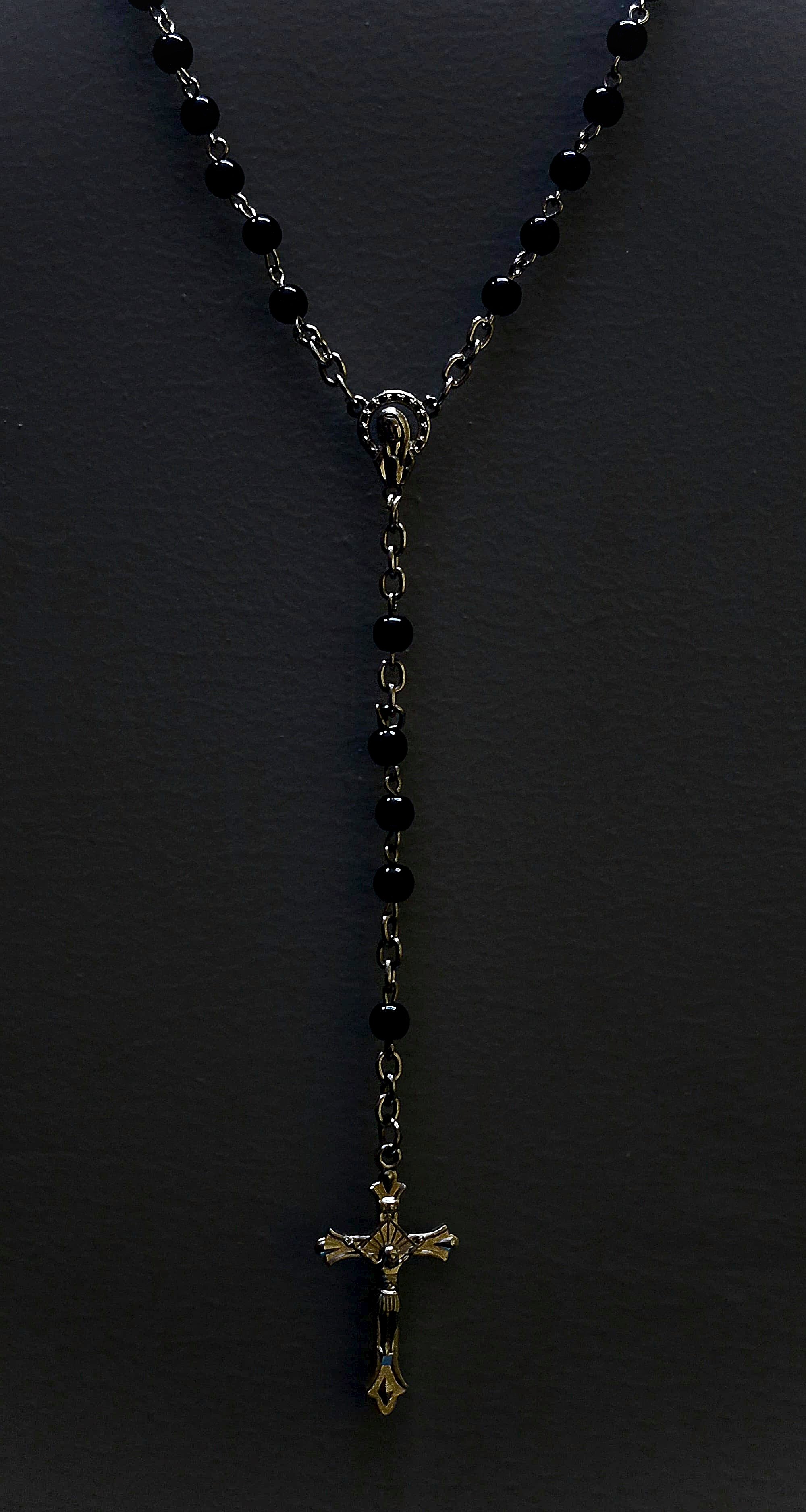 Black Beaded Cross Pendant Rosary Necklace
