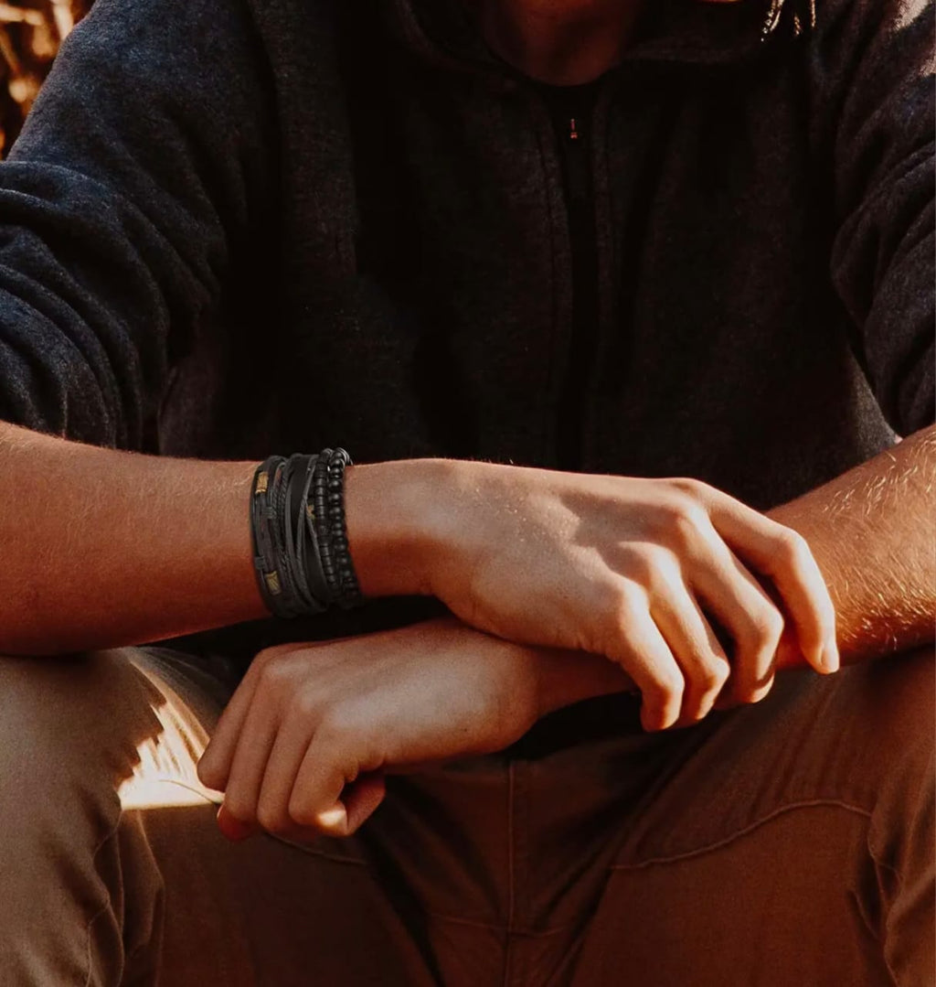 Black Leather & Bead Layered Bracelet Set for Men – Vintage Boho Style