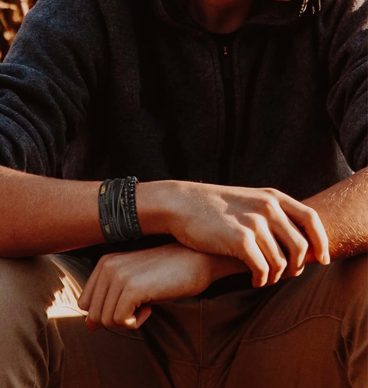 Black Leather & Bead Layered Bracelet Set for Men – Vintage Boho Style
