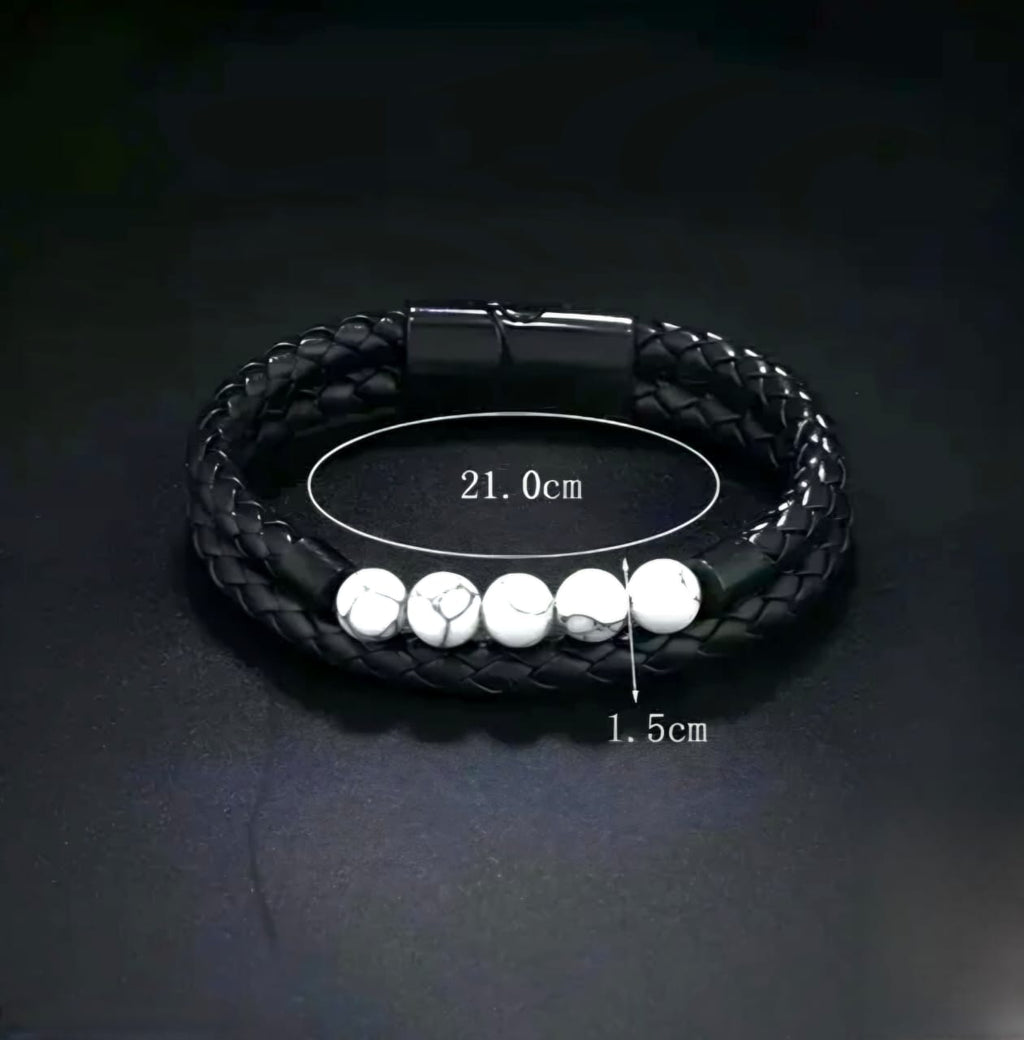 Black Braided Leather Bracelet with White Marble Beads