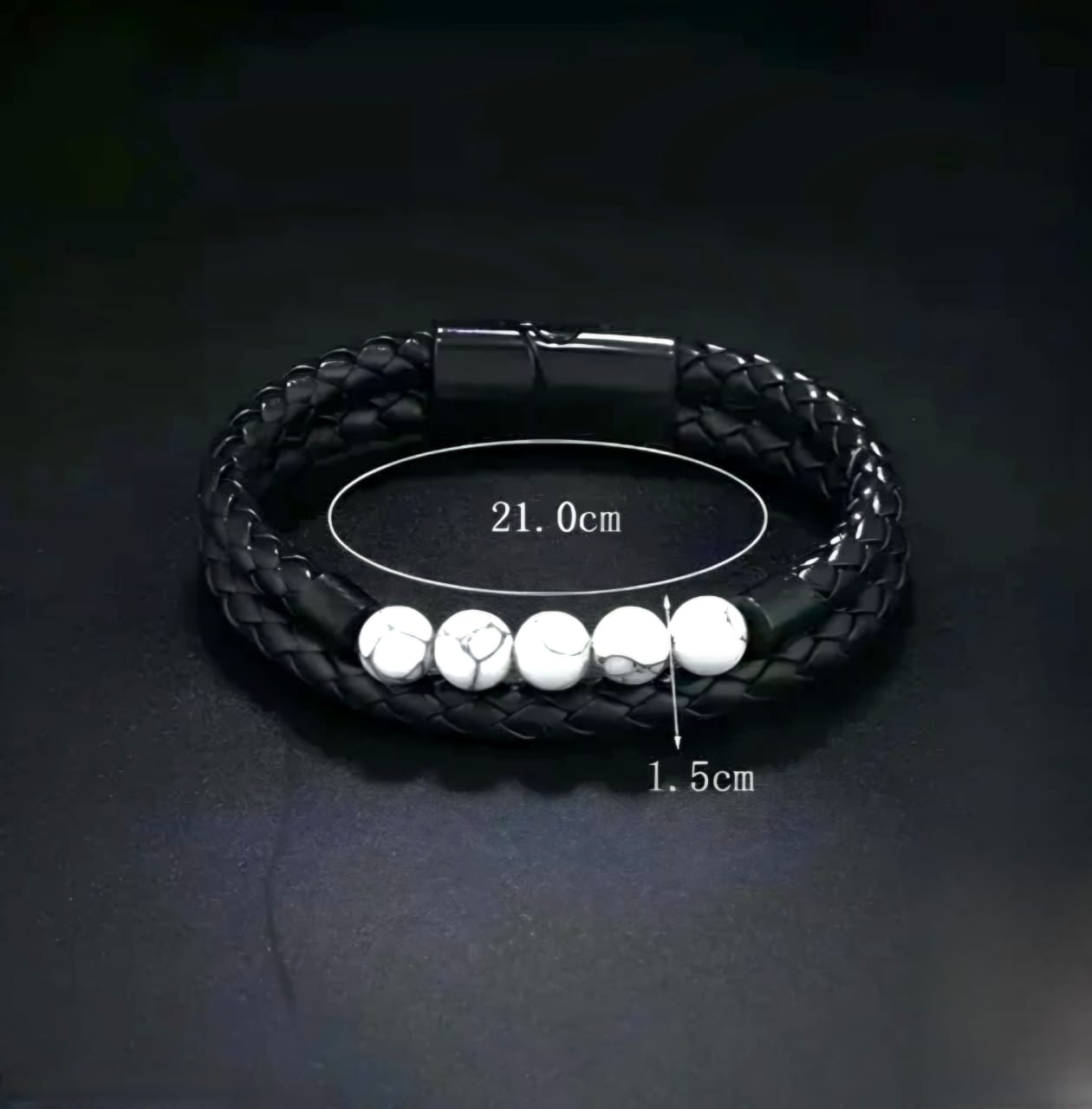 Black Braided Leather Bracelet with White Marble Beads